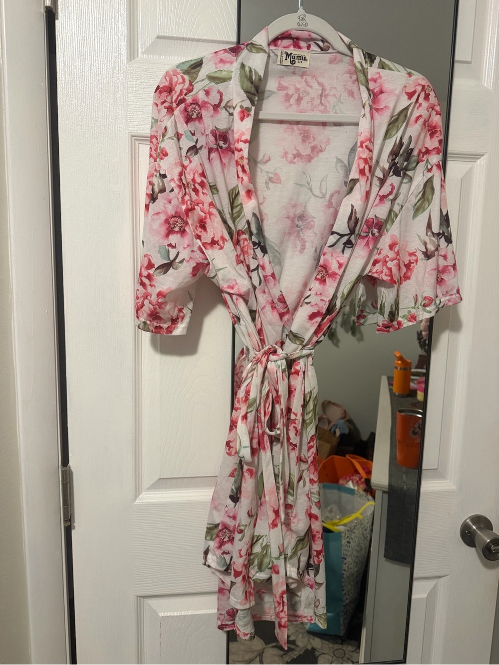 "Show Me Your MuMu" White Floral Tie-Waist Robe with Pink & Green Accents